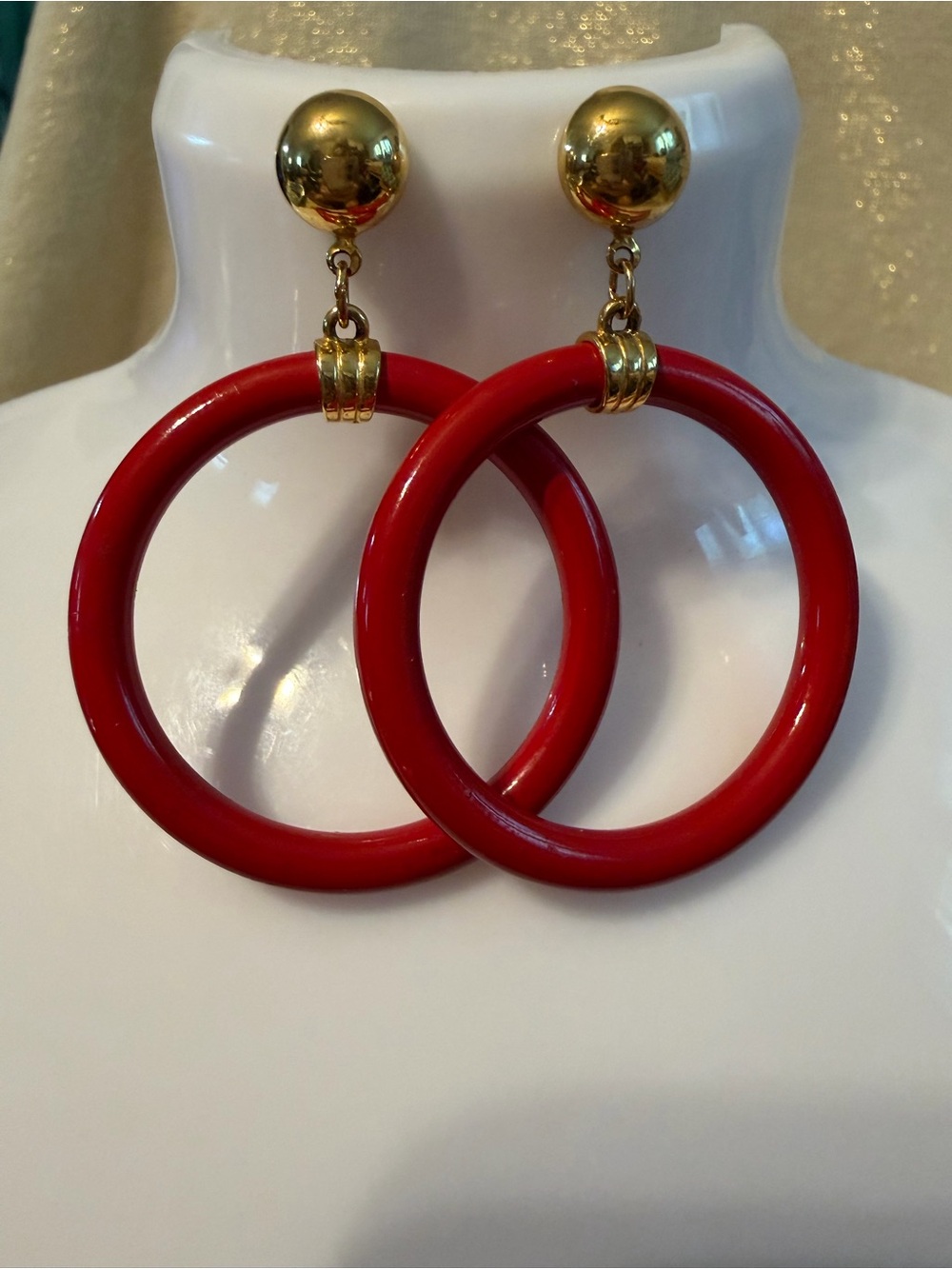 Vintage style Gold-Accent Red Hoop Drop Earrings
